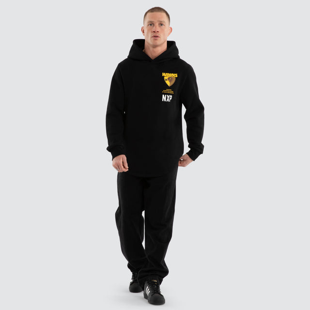 Model wears Hawthorn Hawks AFL Trophy Dual Curved Hoodie Jet Black Hoodies Black – image 2