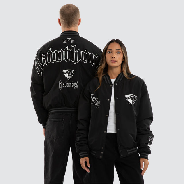Model wears Hawthorn Hawks AFL Retro Bomber Jet Black Jackets Black – image 1