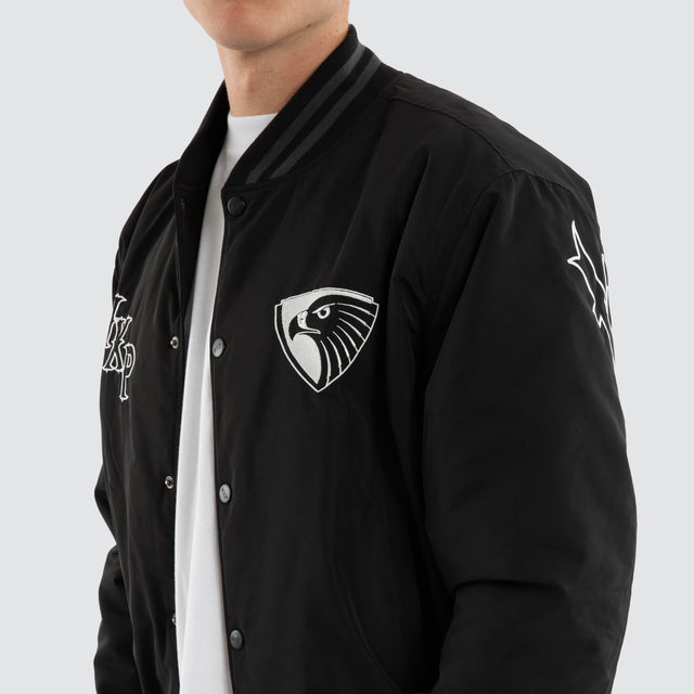 Model wears Hawthorn Hawks AFL Retro Bomber Jet Black Jackets Black – image 5