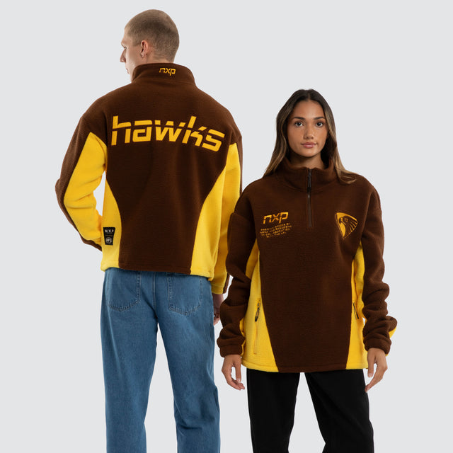 Model wears Hawthorn Hawks AFL Defence Pullover Brown/Yellow Jumpers Brown – image 1