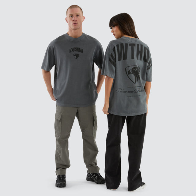 model wears Hawthorn Hawks AFL Hunter Tee Pigment Charcoal T-Shirts Grey - image 2