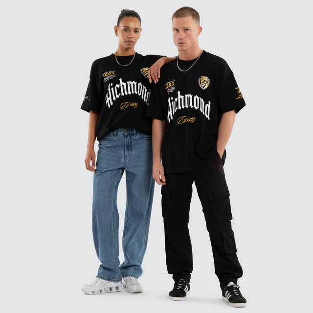 Model wears Richmond Tigers AFL Gold Raptor Tee Jet Black T-Shirts Black – image 5