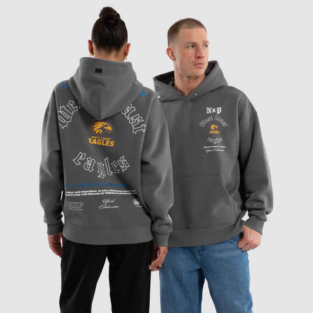 Model wears West Coast Eagles AFL Tag Box Fit Hoodie Charcoal Hoodies Grey – image 1
