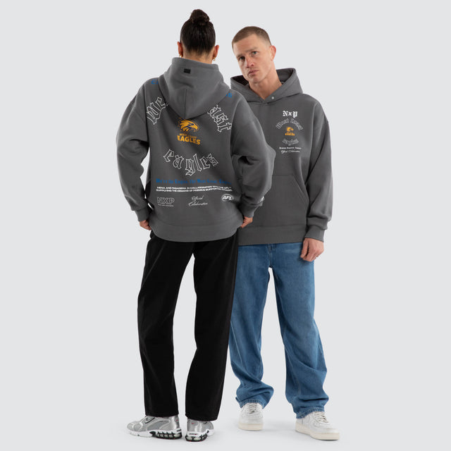 Model wears West Coast Eagles AFL Tag Box Fit Hoodie Charcoal Hoodies Grey – image 3