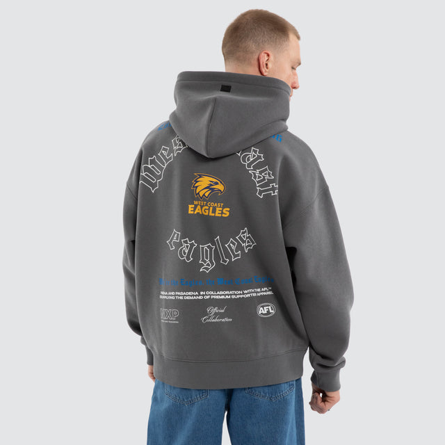 Model wears West Coast Eagles AFL Tag Box Fit Hoodie Charcoal Hoodies Grey – image 6