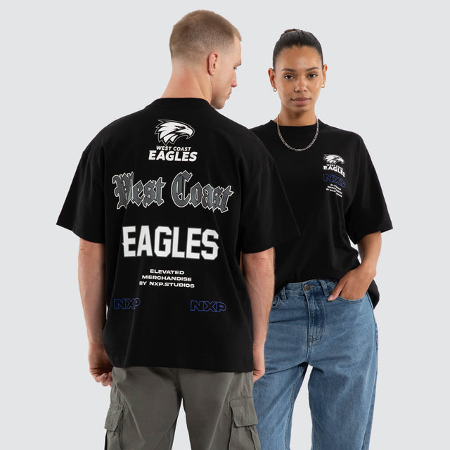 Model wears West Coast Eagles AFL Sticker Raptor Tee Jet Black T-Shirts Black – image 1