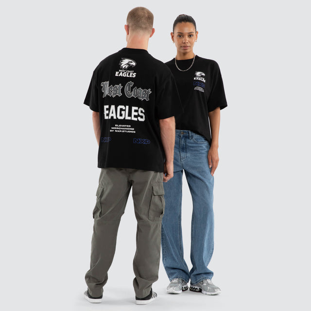 Model wears West Coast Eagles AFL Sticker Raptor Tee Jet Black T-Shirts Black – image 6