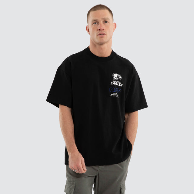 Model wears West Coast Eagles AFL Sticker Raptor Tee Jet Black T-Shirts Black – image 7