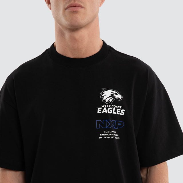 Model wears West Coast Eagles AFL Sticker Raptor Tee Jet Black T-Shirts Black – image 3