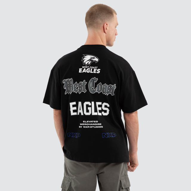 Model wears West Coast Eagles AFL Sticker Raptor Tee Jet Black T-Shirts Black – image 4