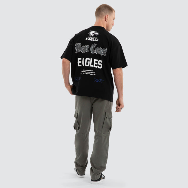 Model wears West Coast Eagles AFL Sticker Raptor Tee Jet Black T-Shirts Black – image 5