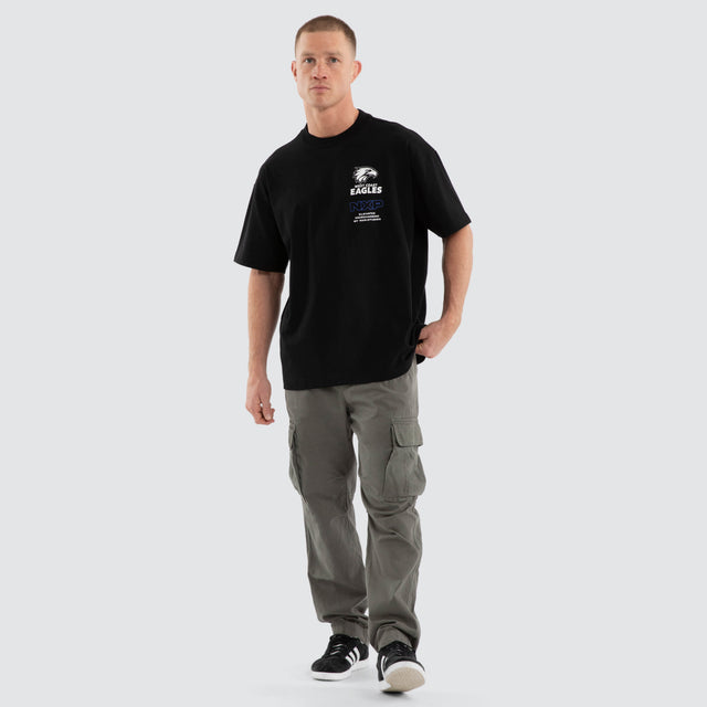 Model wears West Coast Eagles AFL Sticker Raptor Tee Jet Black T-Shirts Black – image 2