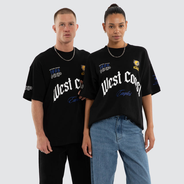 Model wears West Coast Eagles AFL Gold Raptor Tee Jet Black T-Shirts Black – image 1
