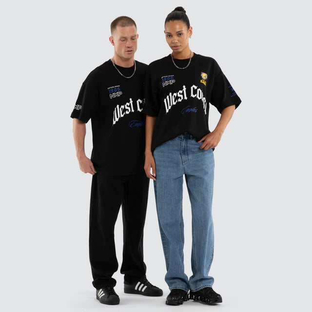 Model wears West Coast Eagles AFL Gold Raptor Tee Jet Black T-Shirts Black – image 3