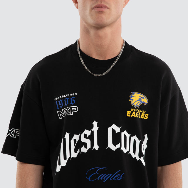 Model wears West Coast Eagles AFL Gold Raptor Tee Jet Black T-Shirts Black – image 5