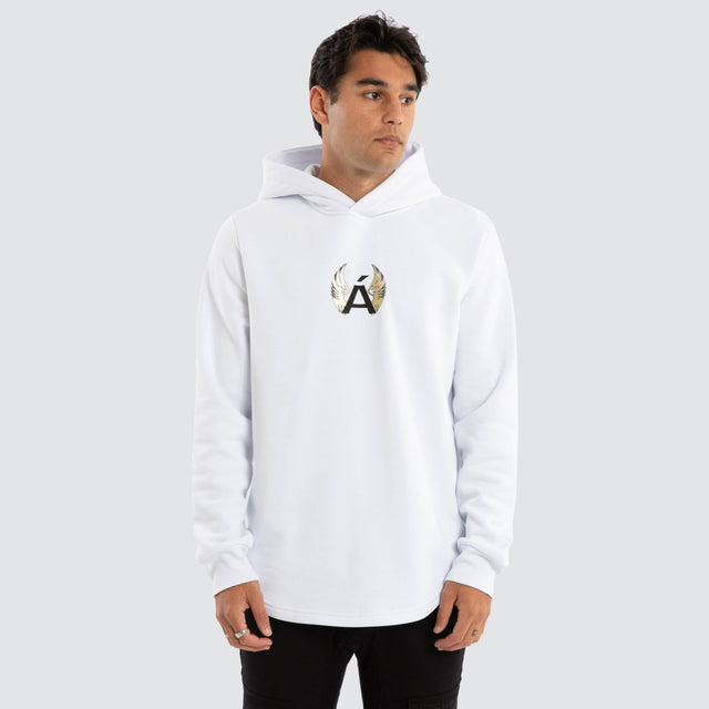 model wears Station Dual Curved Hoodie White Hoodies White - image 3