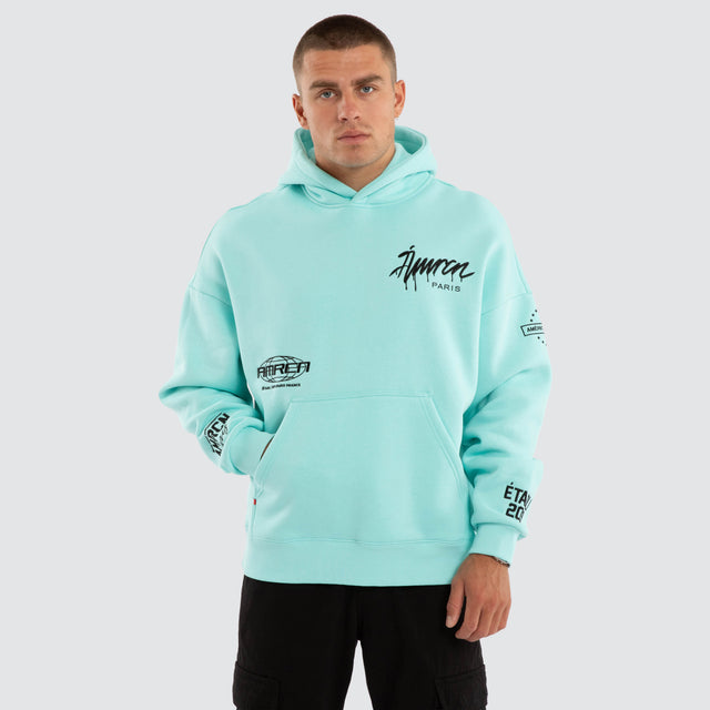 Model wears Idol Relaxed Drop Shoulder Hoodie Auruba Blue Hoodies Blue – image 1