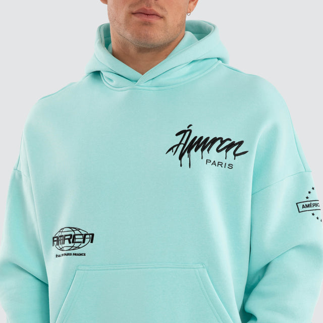 Model wears Idol Relaxed Drop Shoulder Hoodie Auruba Blue Hoodies Blue – image 4