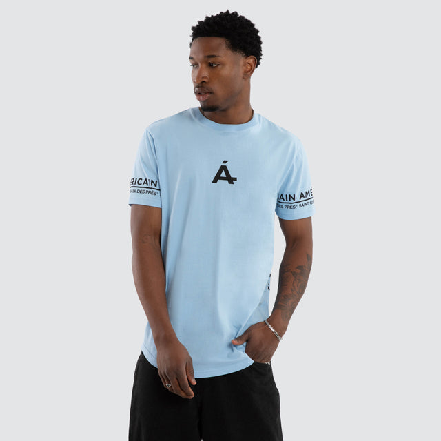 Model wears Stellaris Box Fit tee Aqua T-Shirts Blue – image 3