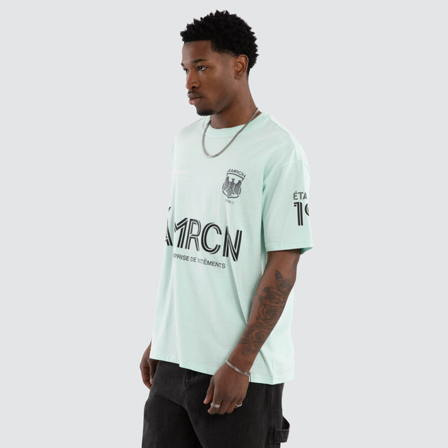 Model wears Crest Loopback Oversized Tee Placid Blue T-Shirts Blue – image 2