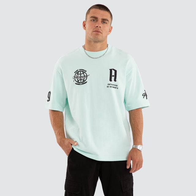 Model wears Evolution Loopbk Oversized Tee Aqua T-Shirts Blue – image 3