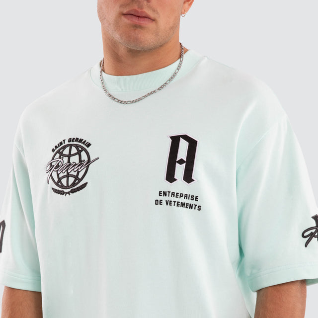 Model wears Evolution Loopbk Oversized Tee Aqua T-Shirts Blue – image 4