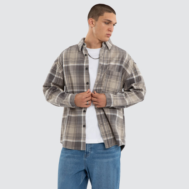 Model wears Valentine Drop Shoulder Long Sleeve Shirt Grey Check Long Sleeve Shirts Grey – image 1