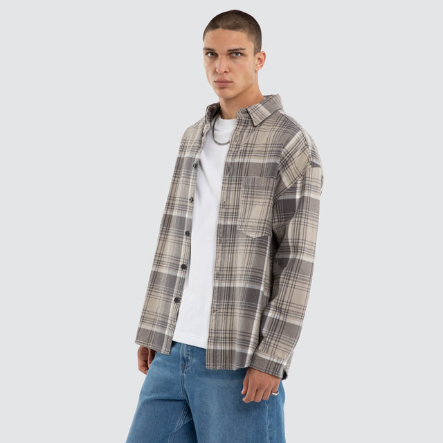 Model wears Valentine Drop Shoulder Long Sleeve Shirt Grey Check Long Sleeve Shirts Grey – image 3
