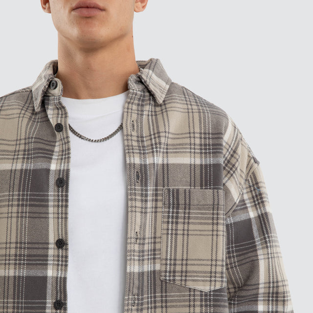 Model wears Valentine Drop Shoulder Long Sleeve Shirt Grey Check Long Sleeve Shirts Grey – image 4