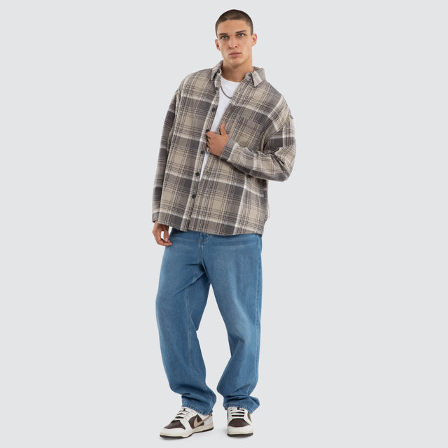 Model wears Valentine Drop Shoulder Long Sleeve Shirt Grey Check Long Sleeve Shirts Grey – image 5