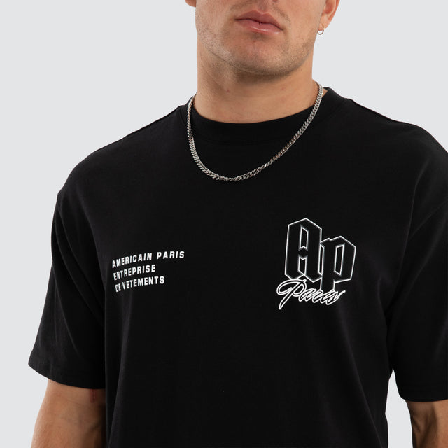 Model wears Eternia Box Fit Tee Jet Black T-Shirts Black – image 4