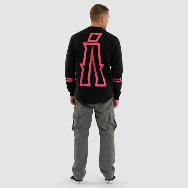 Model wears Sheild Dual Curved Sweater Jet Black Jumpers Black – image 5