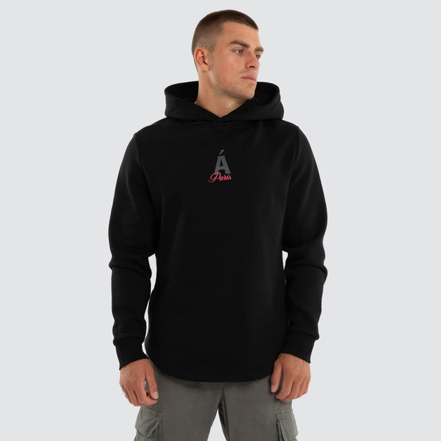 Model wears Saint Dual Curved Hoodie Jet Black Hoodies Black – image 1