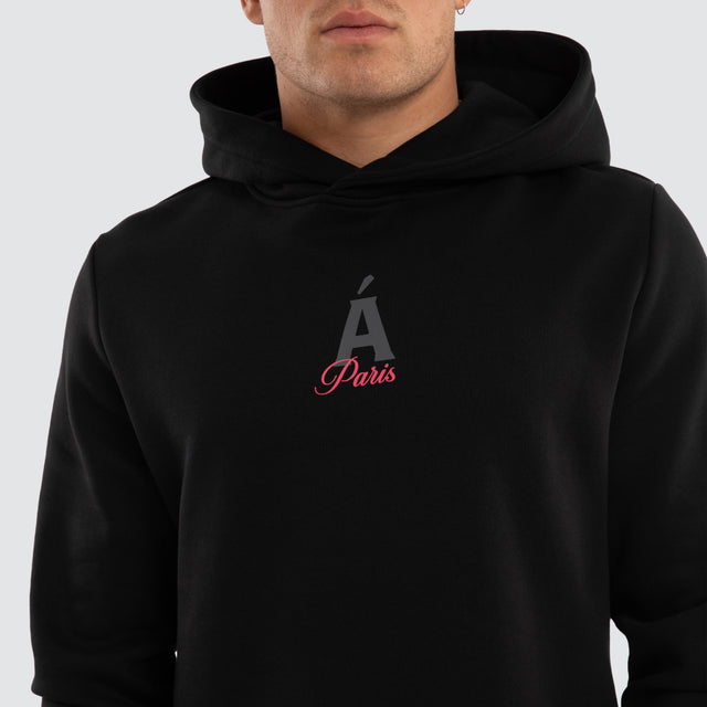 Model wears Saint Dual Curved Hoodie Jet Black Hoodies Black – image 4