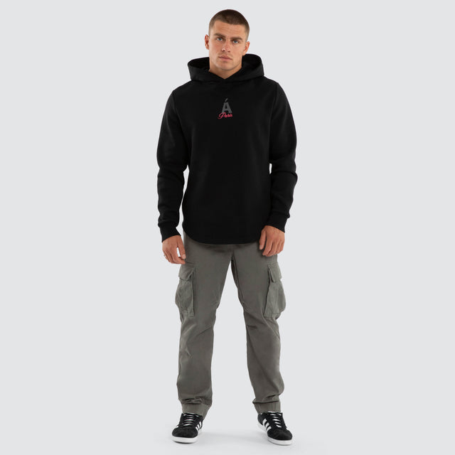 Model wears Saint Dual Curved Hoodie Jet Black Hoodies Black – image 5
