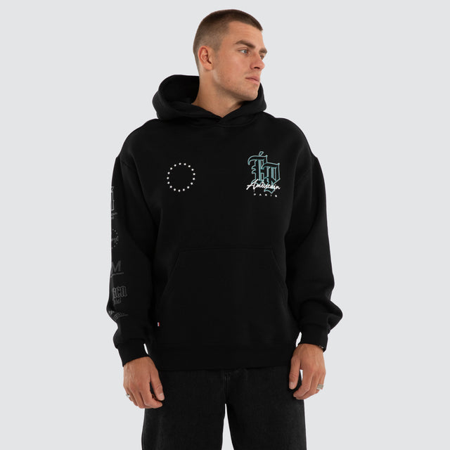Model wears Vertigo Relaxed Hoodie Jet Black Hoodies Black – image 3