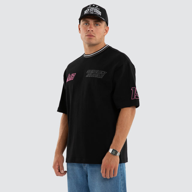 Model wears Neon Loopback Oversized Tee Jet Black T-Shirts Black – image 3