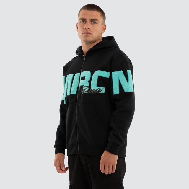 Model wears Halo Relaxed Zip Hoodie Jet Black Hoodies Black – image 3