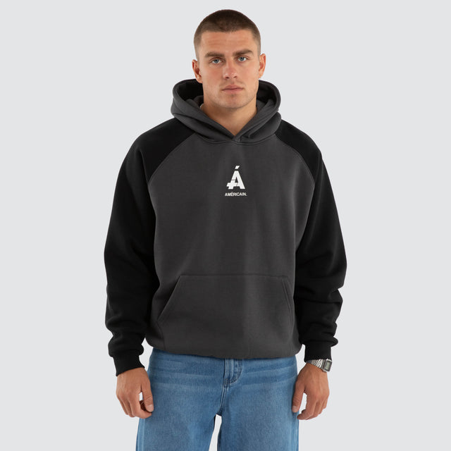 Model wears Axis Raglan Hoodie Asphalt/Anthracite Hoodies Black – image 3