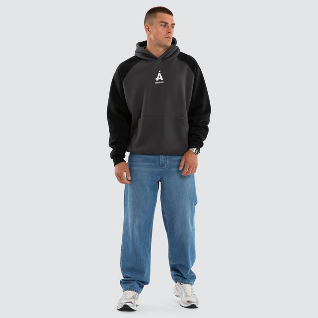 Model wears Axis Raglan Hoodie Asphalt/Anthracite Hoodies Black – image 2