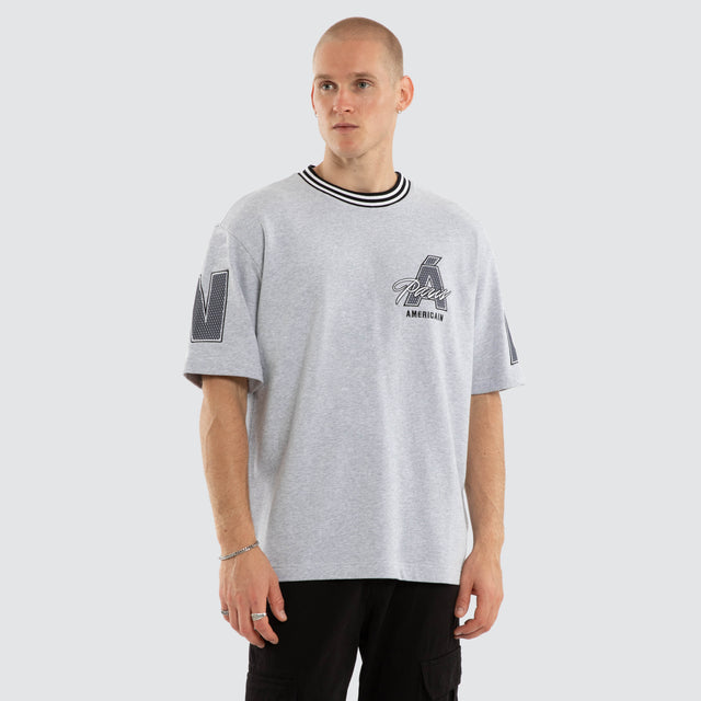 Model wears Aura Loopback Oversized Tee Grey Marle T-Shirts Grey – image 5