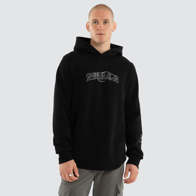 Model wears Crypt Dual Curved Hoodie Jet Black Hoodies Black – image 3