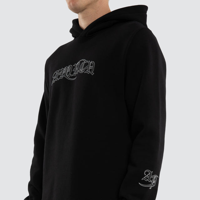 Model wears Crypt Dual Curved Hoodie Jet Black Hoodies Black – image 4