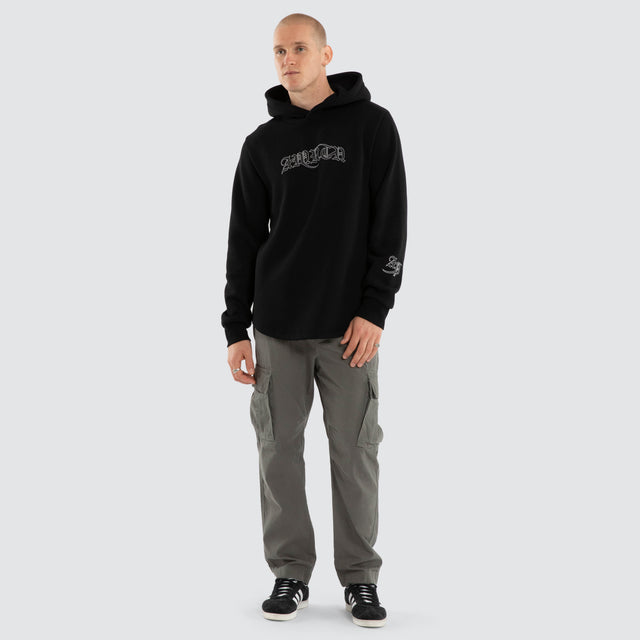 Model wears Crypt Dual Curved Hoodie Jet Black Hoodies Black – image 2