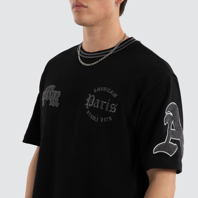 Model wears Grind Loopback Oversized Tee Jet Black T-Shirts Black – image 6