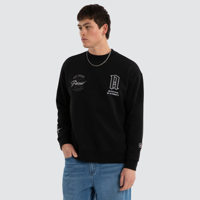 Model wears Grindstate Relaxed Sweater Jet Black Jumpers Black – image 3