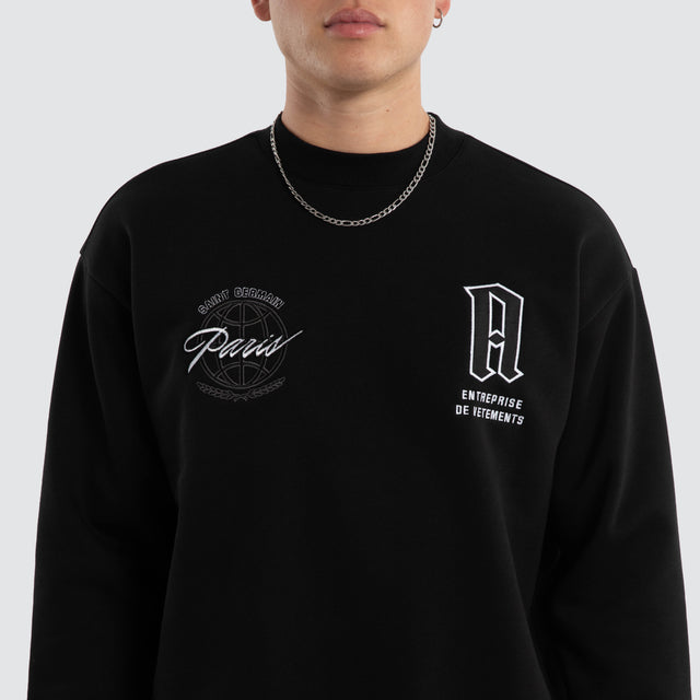 Model wears Grindstate Relaxed Sweater Jet Black Jumpers Black – image 6