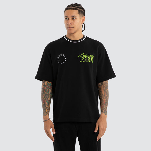 Model wears Racer Loopback Oversized Tee Jet Black T-Shirts Black – image 2