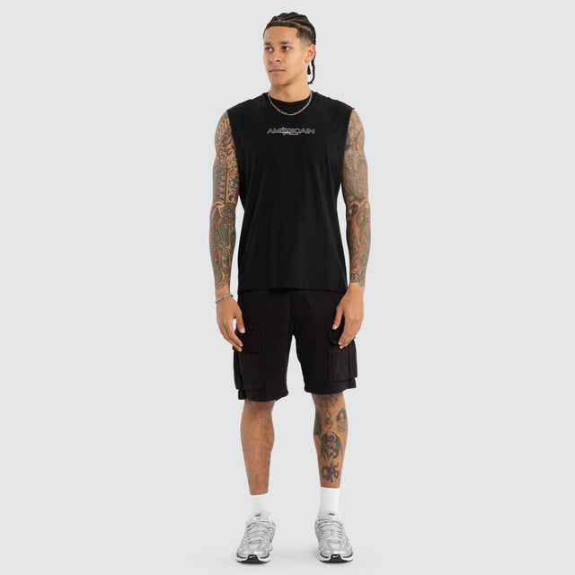 Model wears Corestrike Scoop Back Muscle Jet Black Muscle Tees Black – image 5