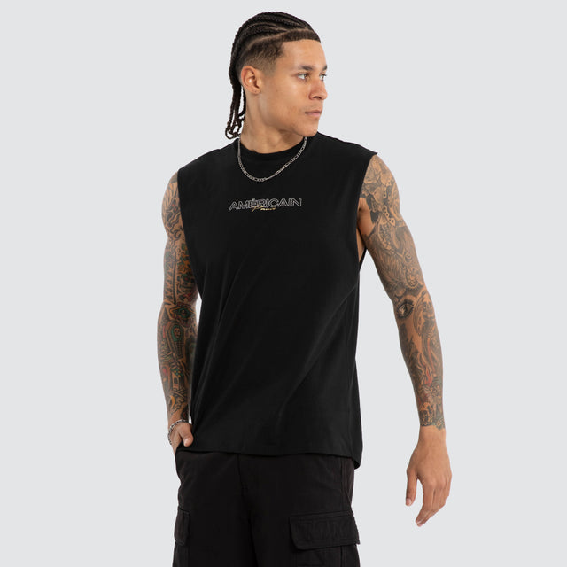 Model wears Corestrike Scoop Back Muscle Jet Black Muscle Tees Black – image 3